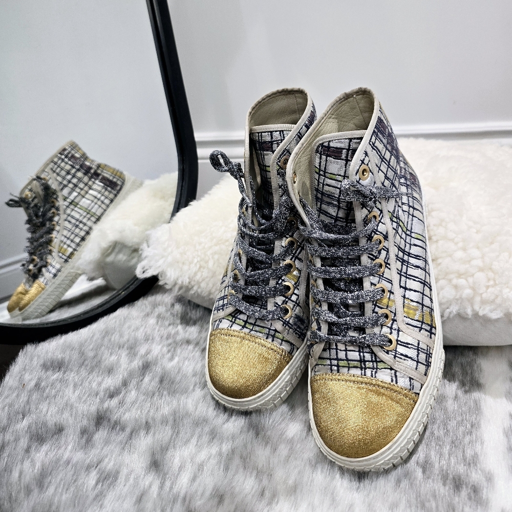 Chanel Plaid High-Top Sneakers with Gold Accent 39